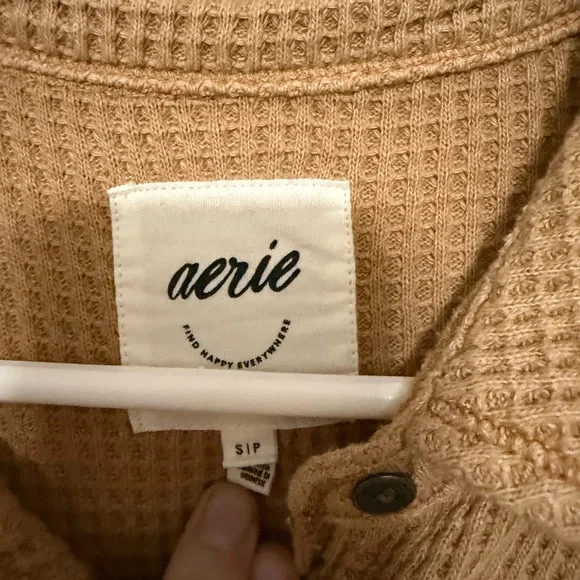 aerie Camel Waffle-Knit Button Shirt Jacket - Picture 3 of 3
